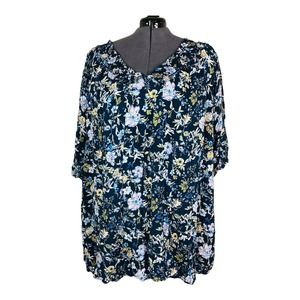 1256 xhilaration womens sz 4X blue floral long sleeve blouse Tunic Top